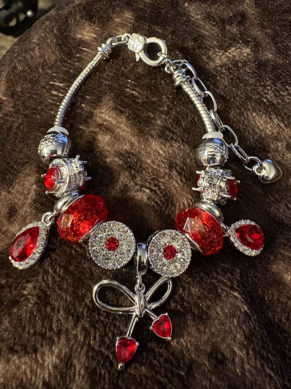 Bracelets- Silver Tone Red Stainless Steel Charm Bangle Bracelet, Charms with